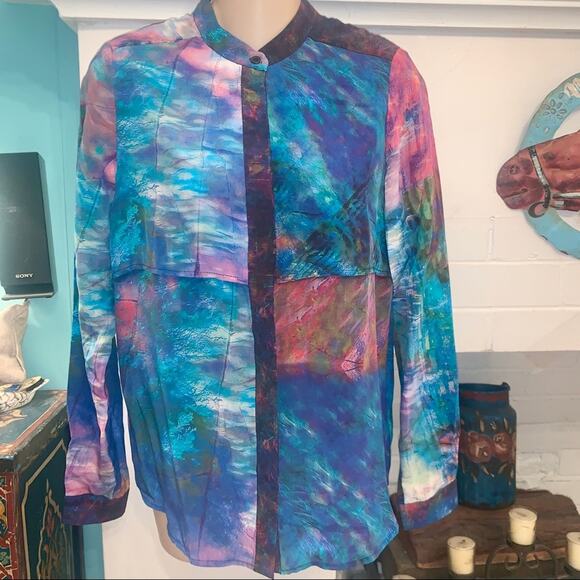 NEW ABSTRACT WATERCOLOR PATCHWORK SILK LAYERED BLOUSE FROM REVOLVECLOTHING xs - Picture 1 of 8